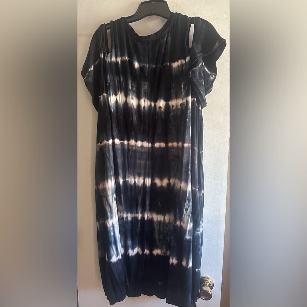 Lane Bryant 24W Black Tie Dye Cold Shoulder Midi Dress - Picture 2 of 5
